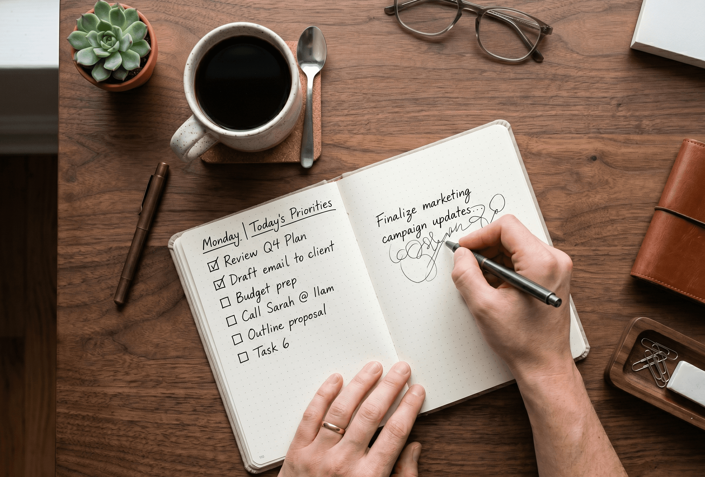 A desk with an open notebook checklist, coffee, and a hand writing