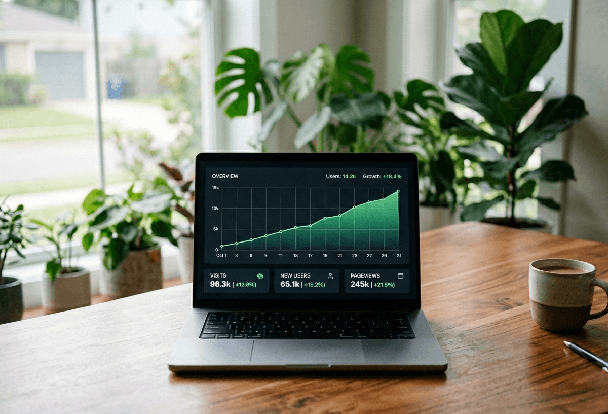 A laptop on a desk showing a clean analytics dashboard