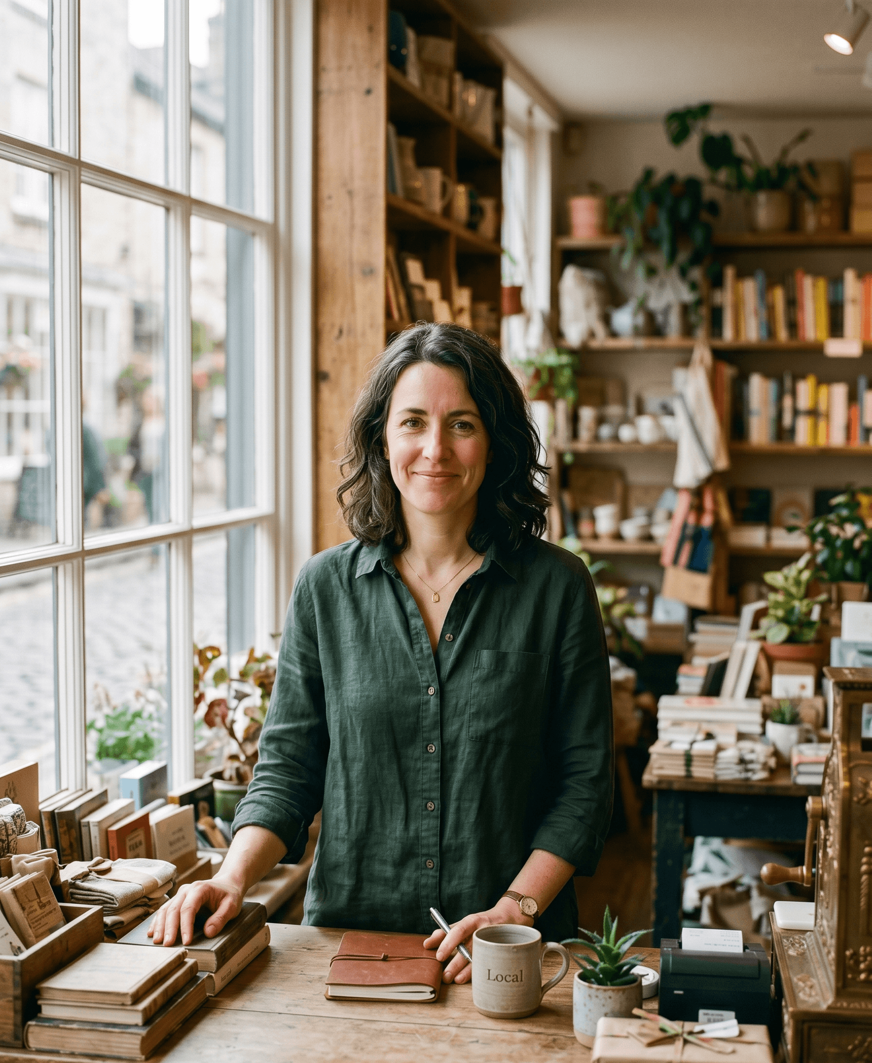 A small-business owner standing at their shop counter in natural light